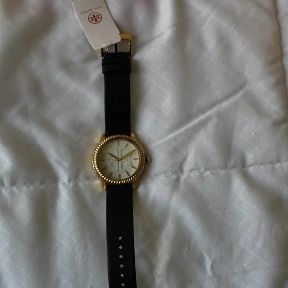 NIB TORY BURCH GIGI GOLD CASE BLACK LEATHER WATCH TOP RINGS GIFT SET TBW2018 - Picture 11 of 12